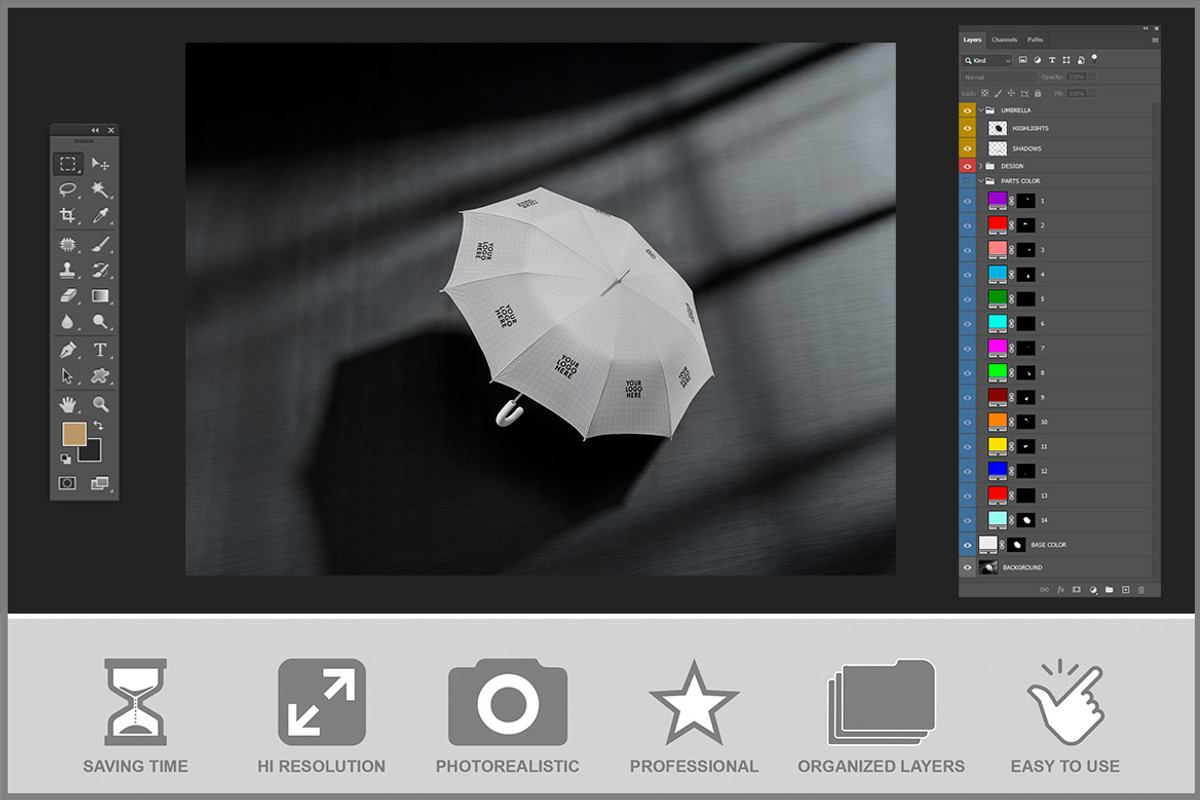 Umbrella Mockup on Dark Surface PSD, an Advertising Mockup by Bruno's Shop (Photo 3 of 4)
