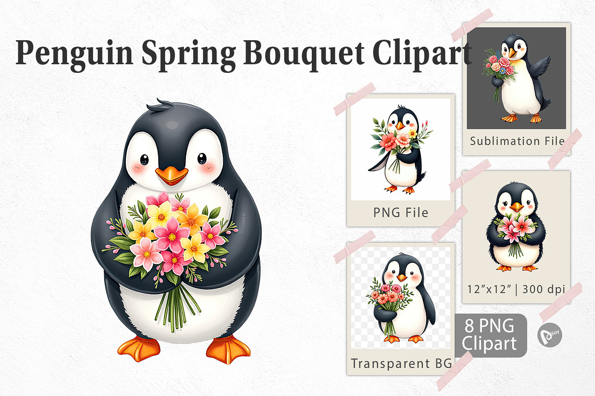 Penguin Spring Bouquet Clipart, a Graphic by Artnoy (Photo 1 of 5)