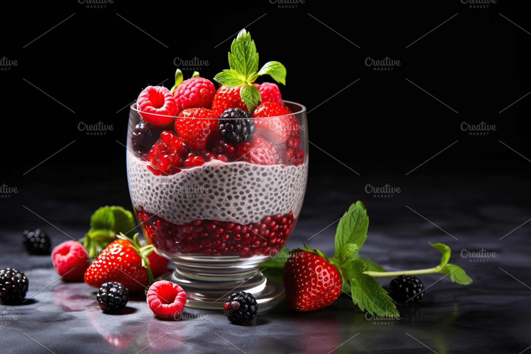 Chia pudding with berries and granola in glass on dark background, a Food & Drink Photo by AlyaAnd