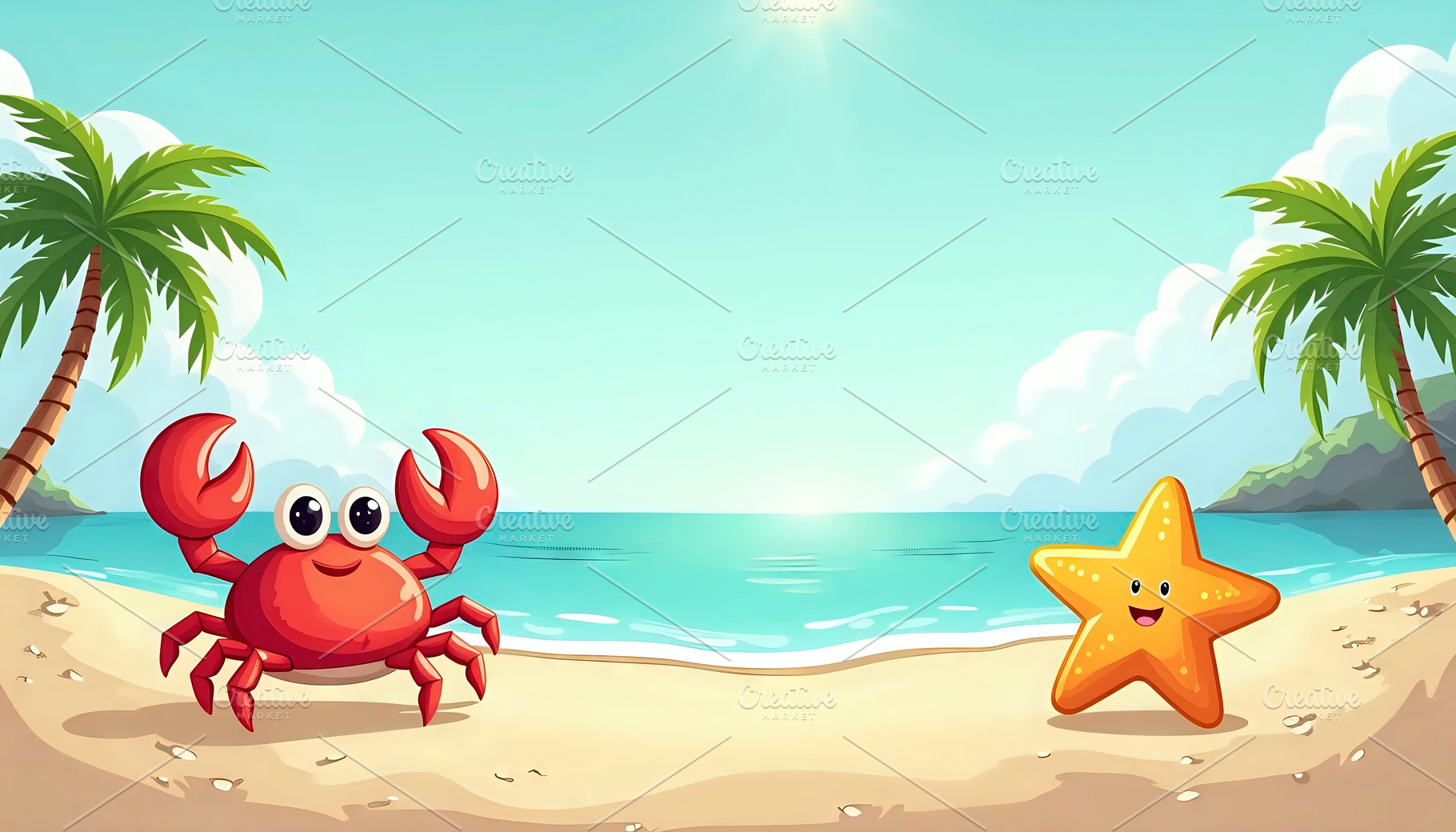 Create a cute scene of a crab and st, a Photo by LOGOCREATIVE