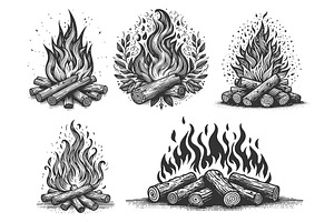 Campfire engraving set vector, an Illustration by AlexArt