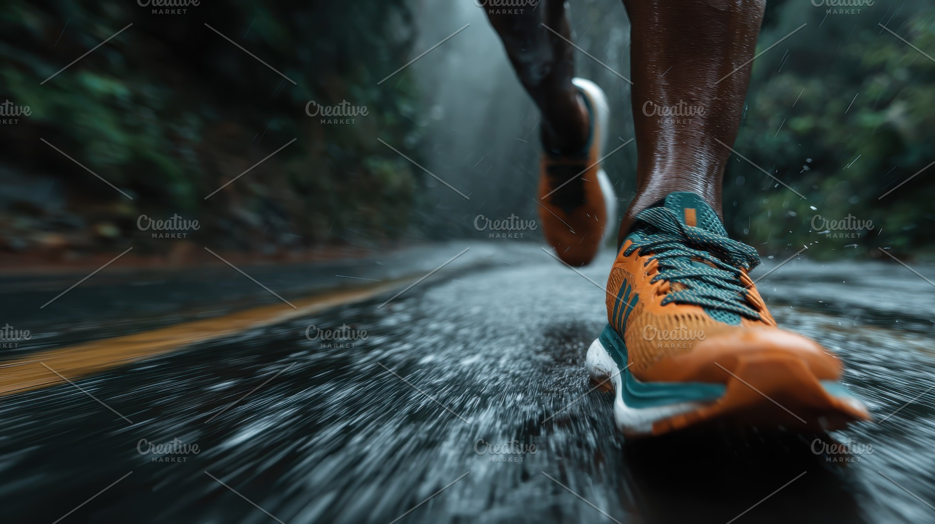 Runner in orange shoes sprints throu, a Photo by Pixeness Studio