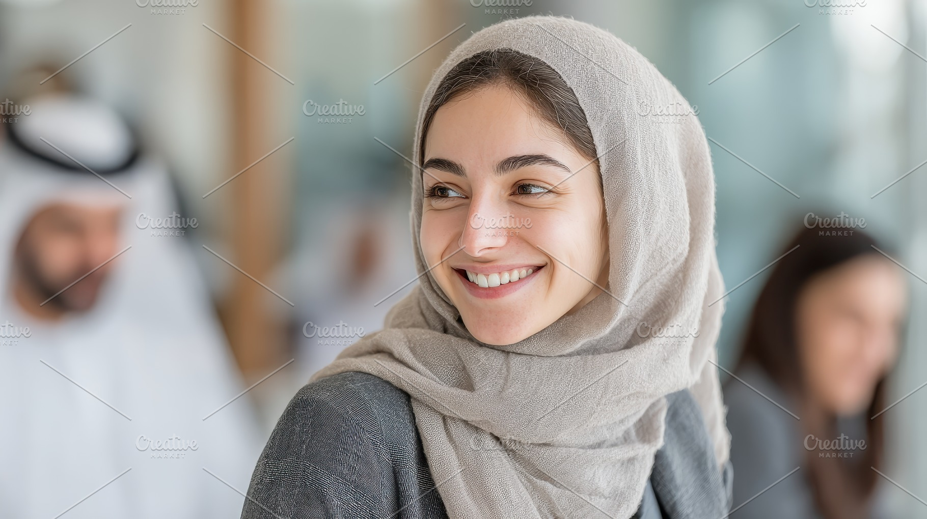 Smiling Muslim woman in beige hijab, a Photo by Pixeness Studio