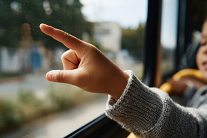 A young child with curly hair excitedly points out the window on a bus ride, ca, a Business Photo by ImageMir