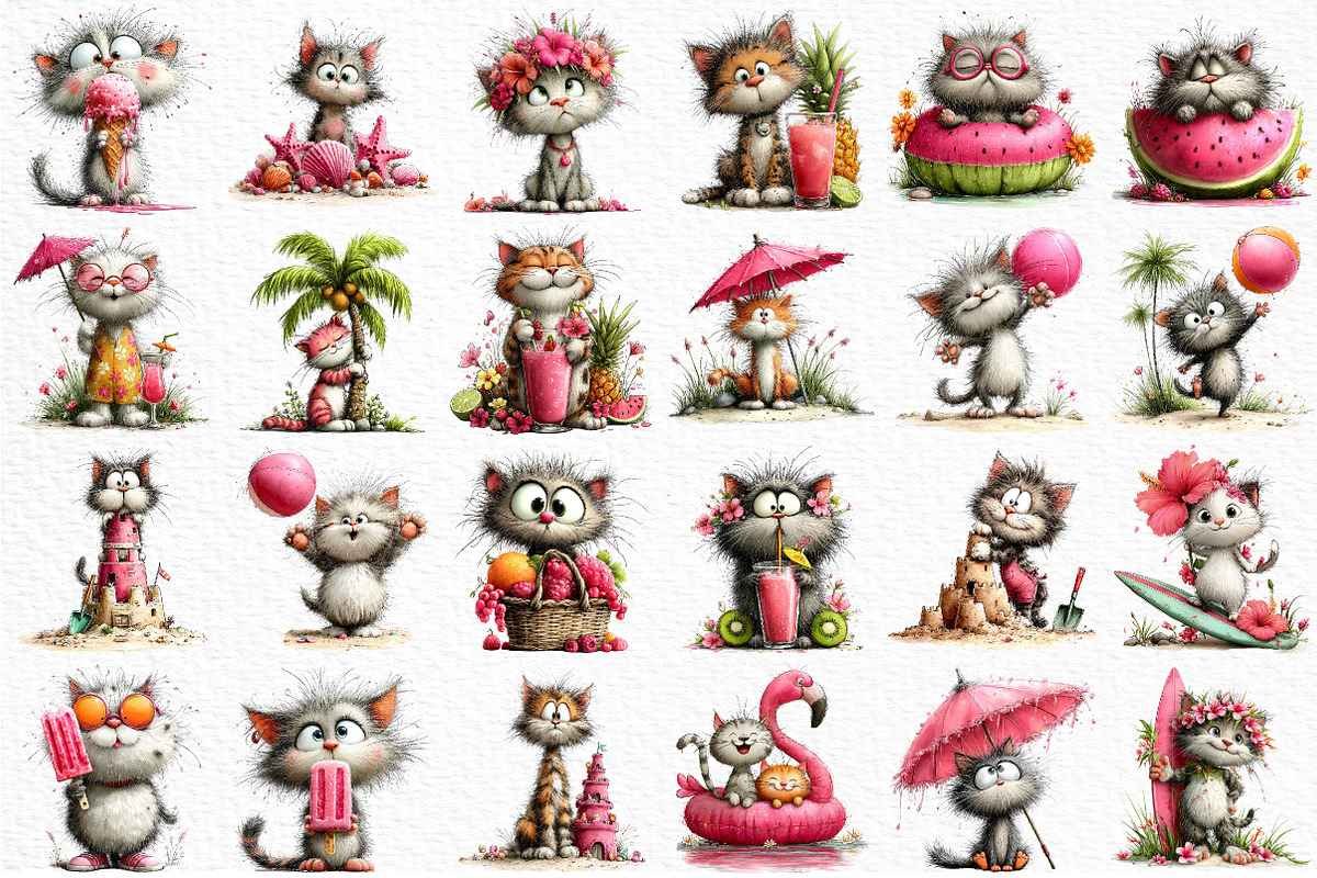 Whimsical Summer Cats Clipart, an Illustration by Craft Nest (Photo 6 of 12)