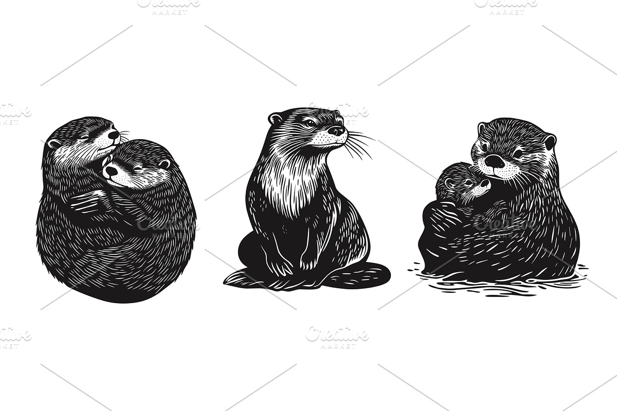 Otters animal set in linocut style, an Animal Illustration by Valerie Bodnar