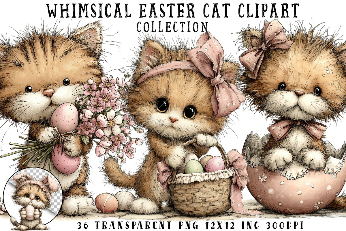 Whimsical Easter Cat Clipart, an Illustration by OK Design (Photo 1 of 6)