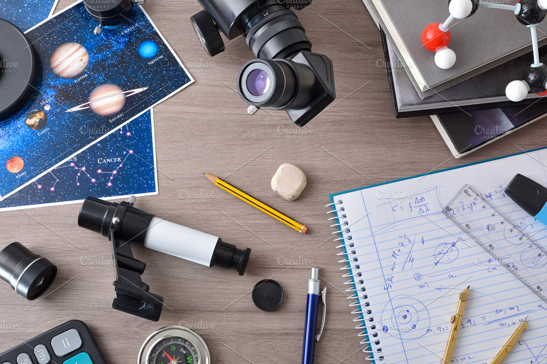 Astronomy student workspace with bench with items for astronomic, a School & Education Photo by Davizro's Market