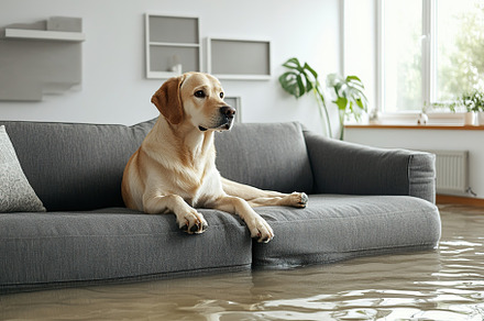 Dog relaxes on grey couch in modern living room during sunny afternoon, an Animal Photo by AlyaAnd
