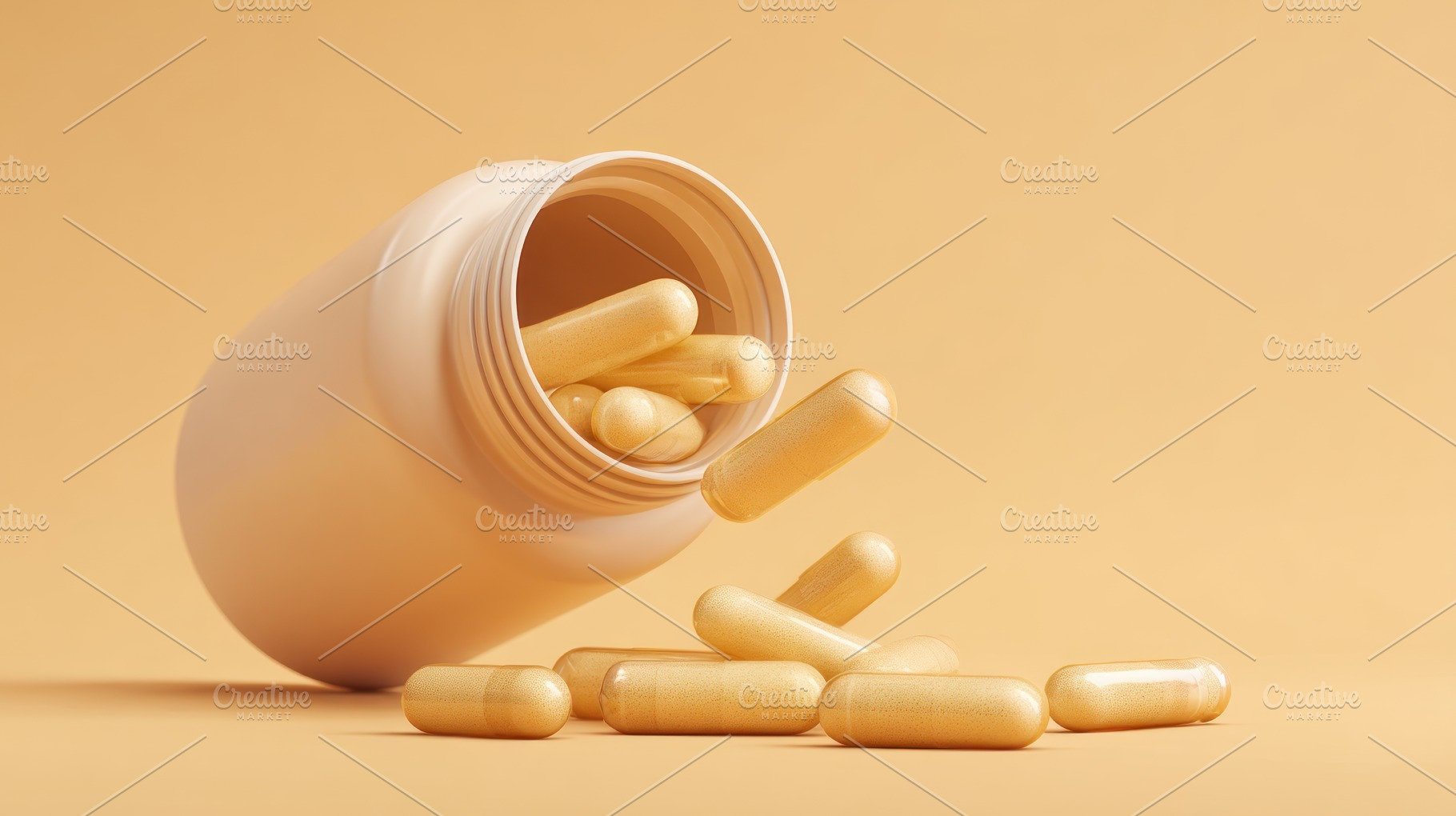 Plastic bottle with yellow capsules spilling out onto a matching, a Holiday Photo by José Manuel Gelpi