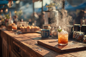 Steaming cocktail at outdoor market, a Photo by Pixeness Studio