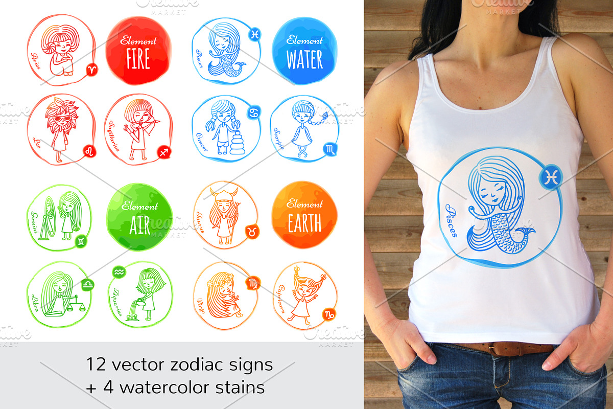 Watercolor Zodiac Signs Cute Girls, an Illustration by EvgeniaV