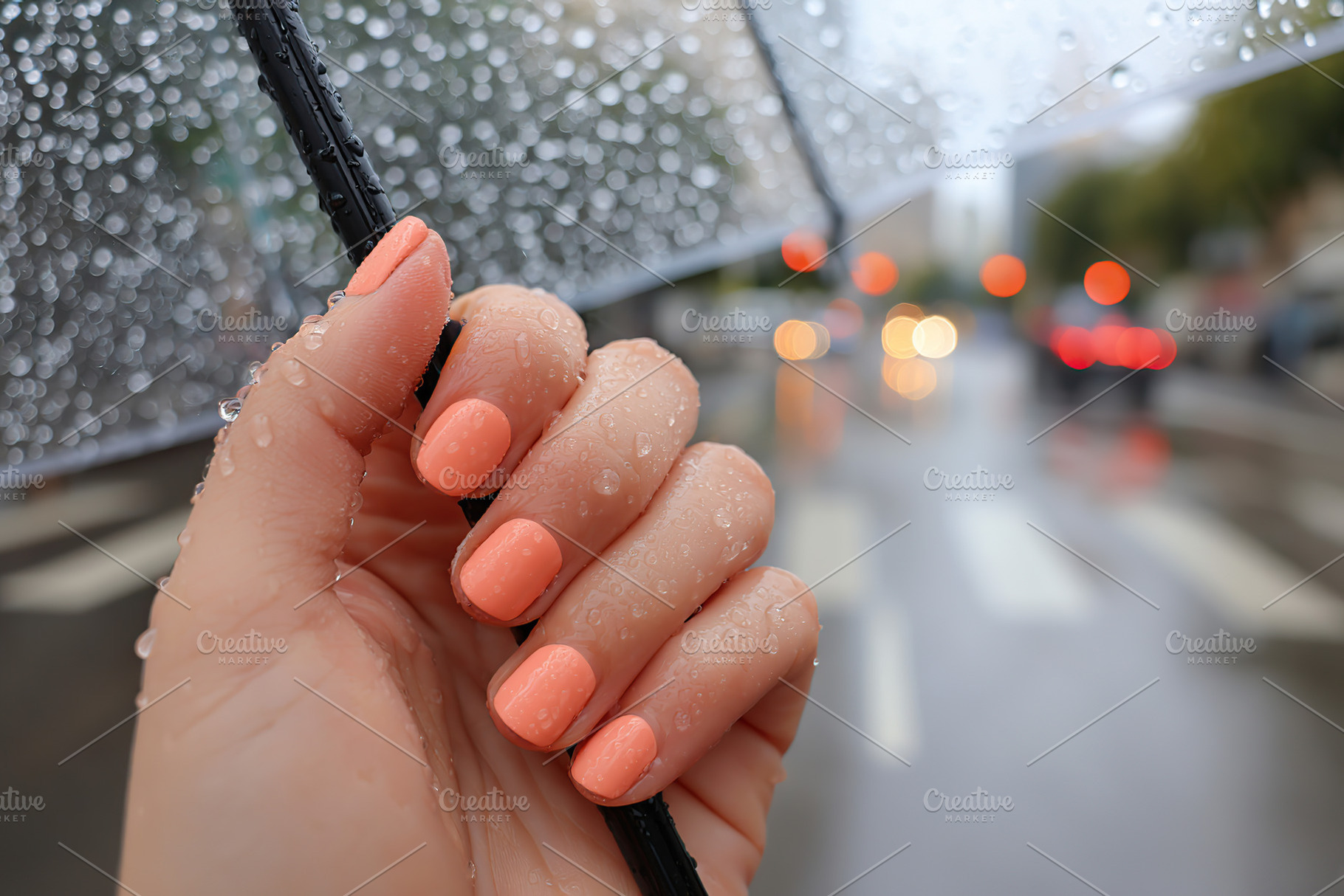 Close-up of a female hand holding an umbrella during a rainy day in the city, a Photo by AlyaAnd
