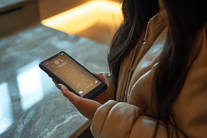 Woman holding smartphone while check, a Photo by Tanuart