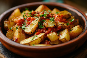Roasted patatas bravas served with, a Food & Drink Photo by MistyDay
