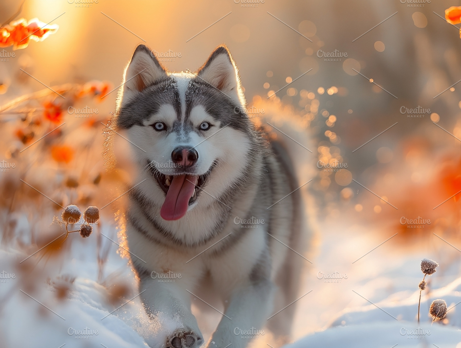 A playful Siberian Husky joyfully running through a snowy landscape, with sunli, an Animal Photo by ImageMir