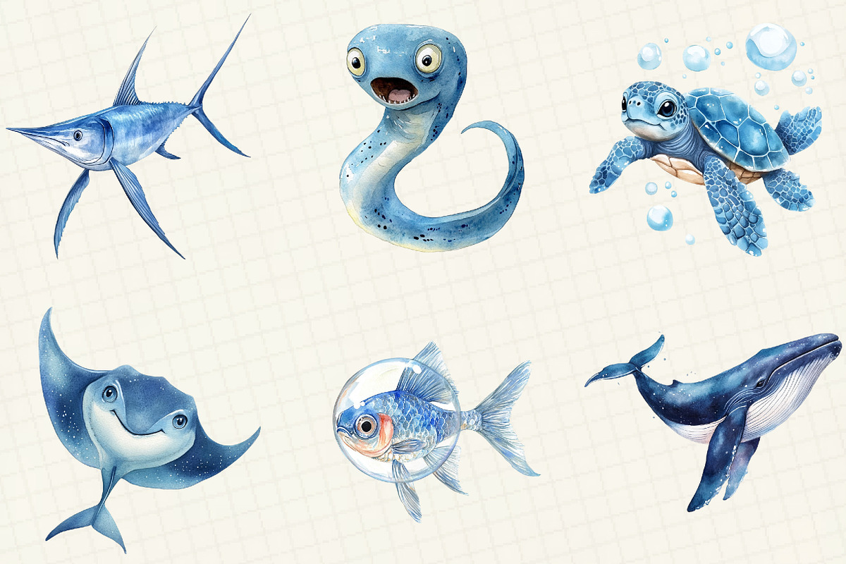 Watercolor Blue Ocean Animals Clipar, an Illustration by OK Design (Photo 4 of 5)