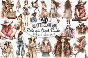 Watercolor Boho Girls Clipart, an Illustration by Designking