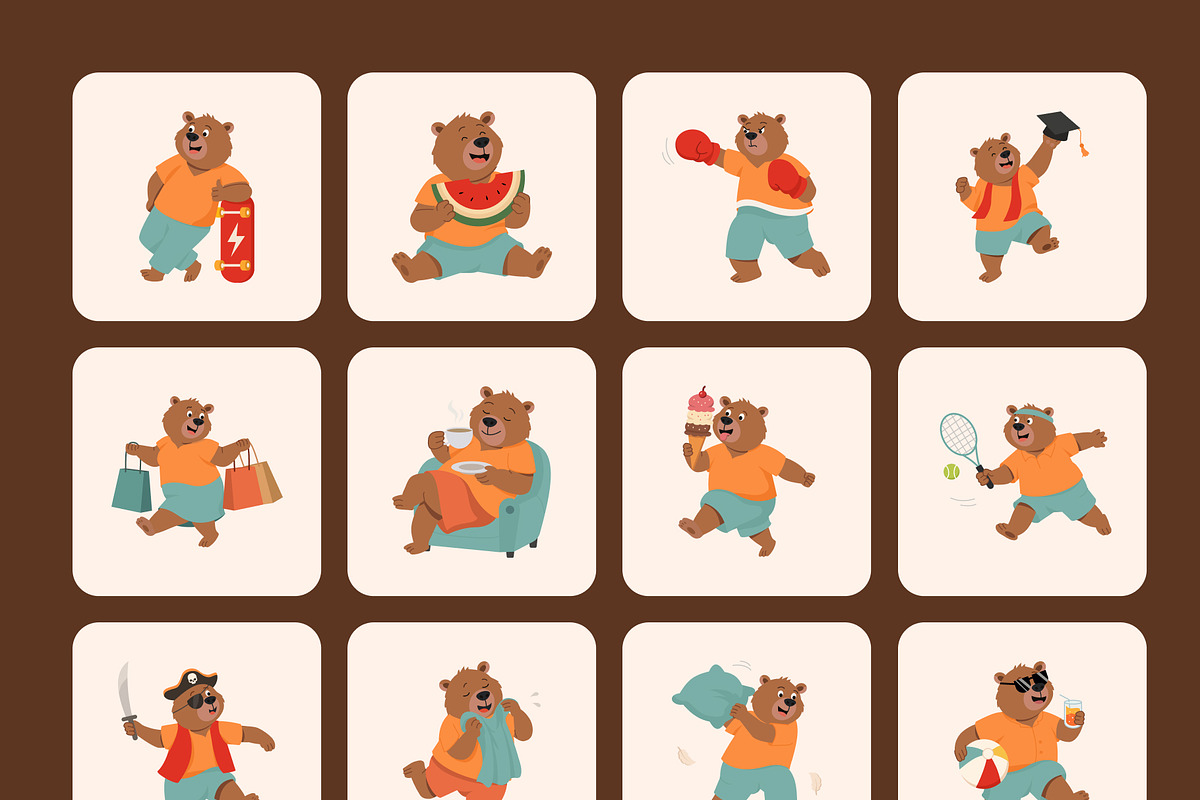 Flat Bear Characters Illustrations, an Animal Illustration by Brickclay (Photo 10 of 10)