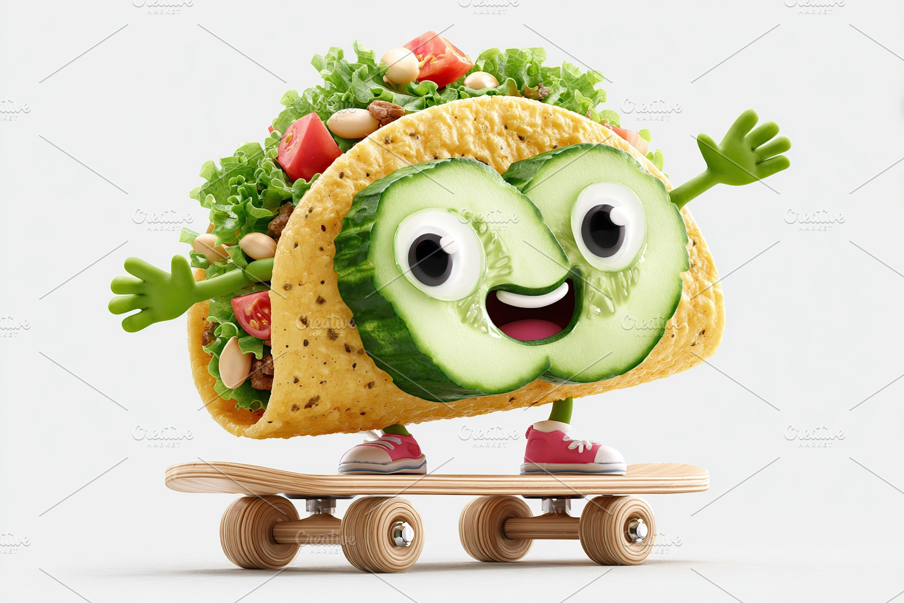 Cartoon taco character joyfully skateboarding in a cheerful and colorful style, a Food & Drink Photo by AlyaAnd