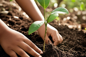 Child planting young sapling in rich, a Photo by Dvoevnore photos