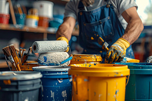Residential man painter mixing paint in a workshop, a Person Photo by DanFLCreativo
