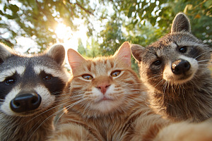 Friendly animals gather together outdoors during golden hour, a Photo by AlyaAnd