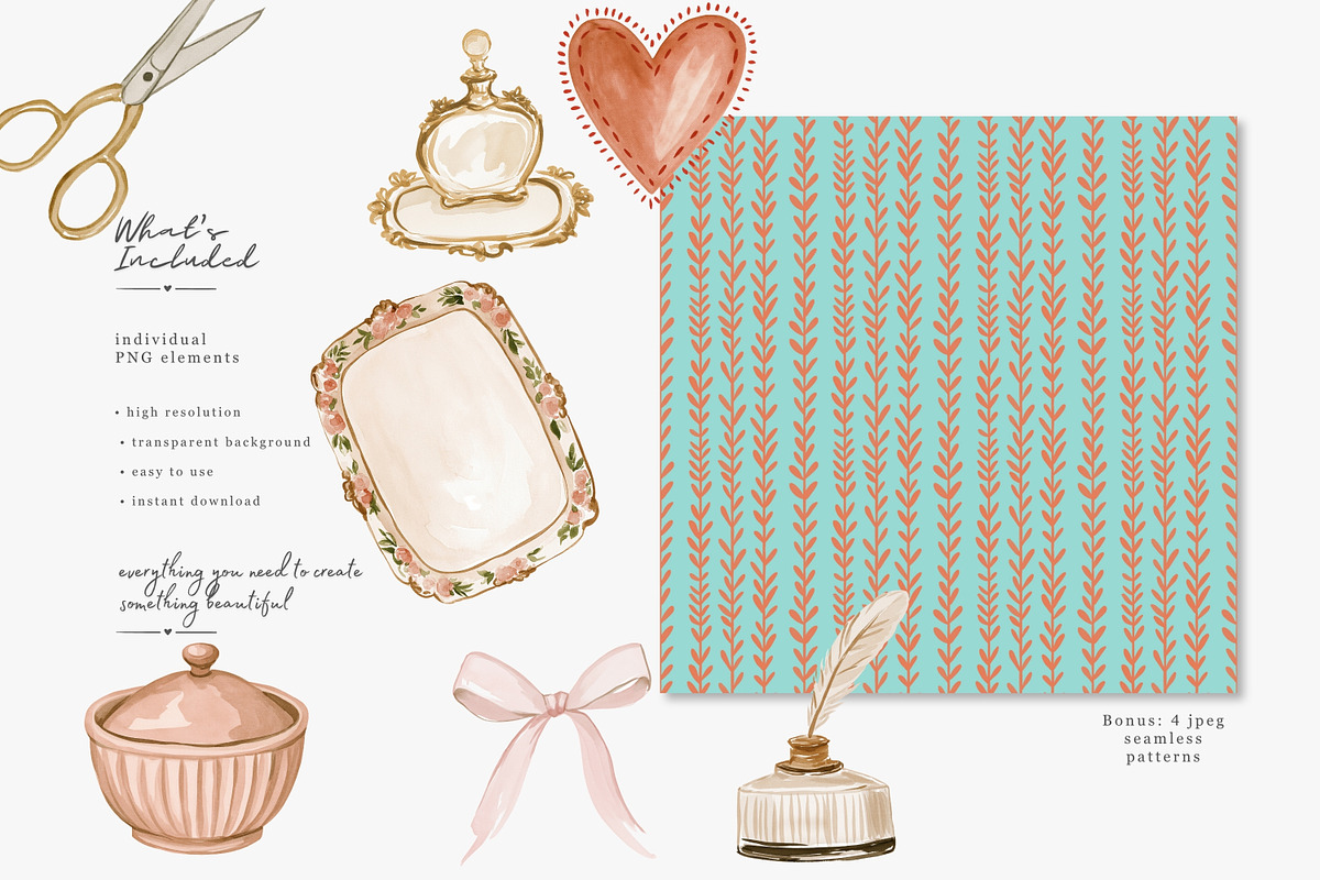 grandmillennial watercolor clipart, a Decorative Illustration by Patishop Art (Photo 3 of 9)