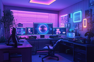 A modern gaming or creative workspace featuring multiple monitors, neon lightin, an Arts & Entertainment Photo by Textures & Backgrounds