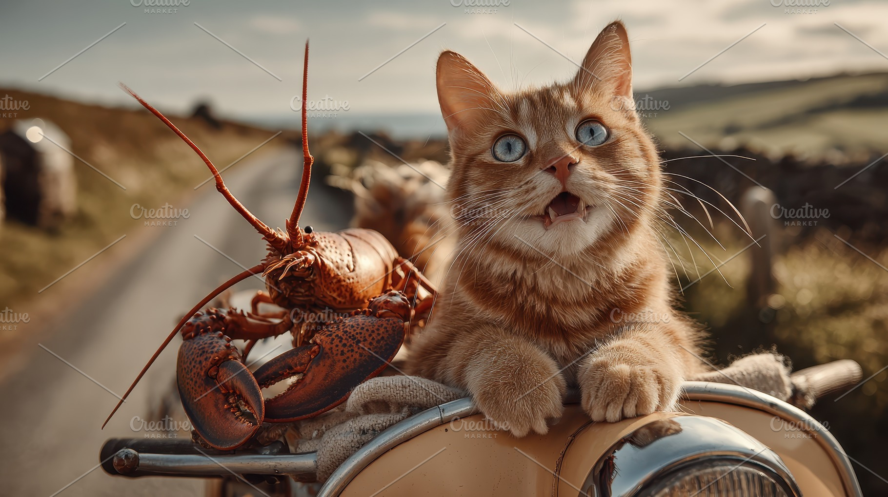 Ginger Cat and Lobster on Vintage Sc, a Photo by Pixeness Studio