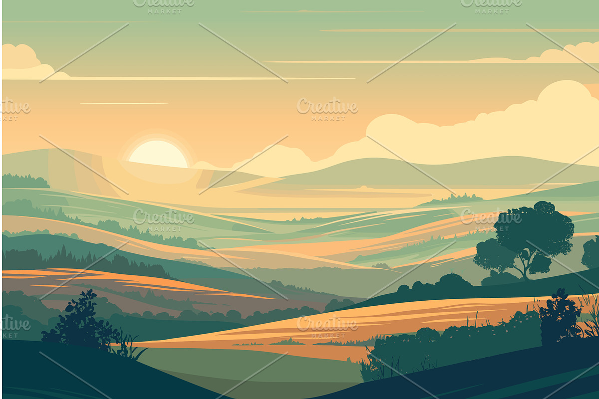 Cartoon sunrise in the hills in, an Illustration by LadadikArt