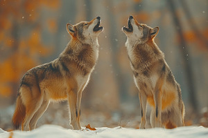 Two wolves howling together in a serene winter landscape, surrounded by soft sn, an Animal Photo by ImageMir