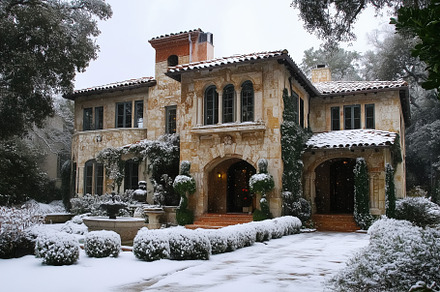A beautiful stone Mediterranean Revival house mansion covered in snow, featurin, an Architecture Photo by Textures & Backgrounds