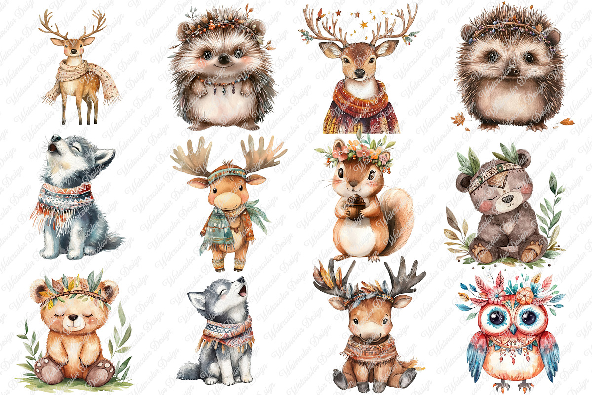 Watercolor Boho Woodland Animal Clip, an Illustration by Watercolor design (Photo 2 of 12)