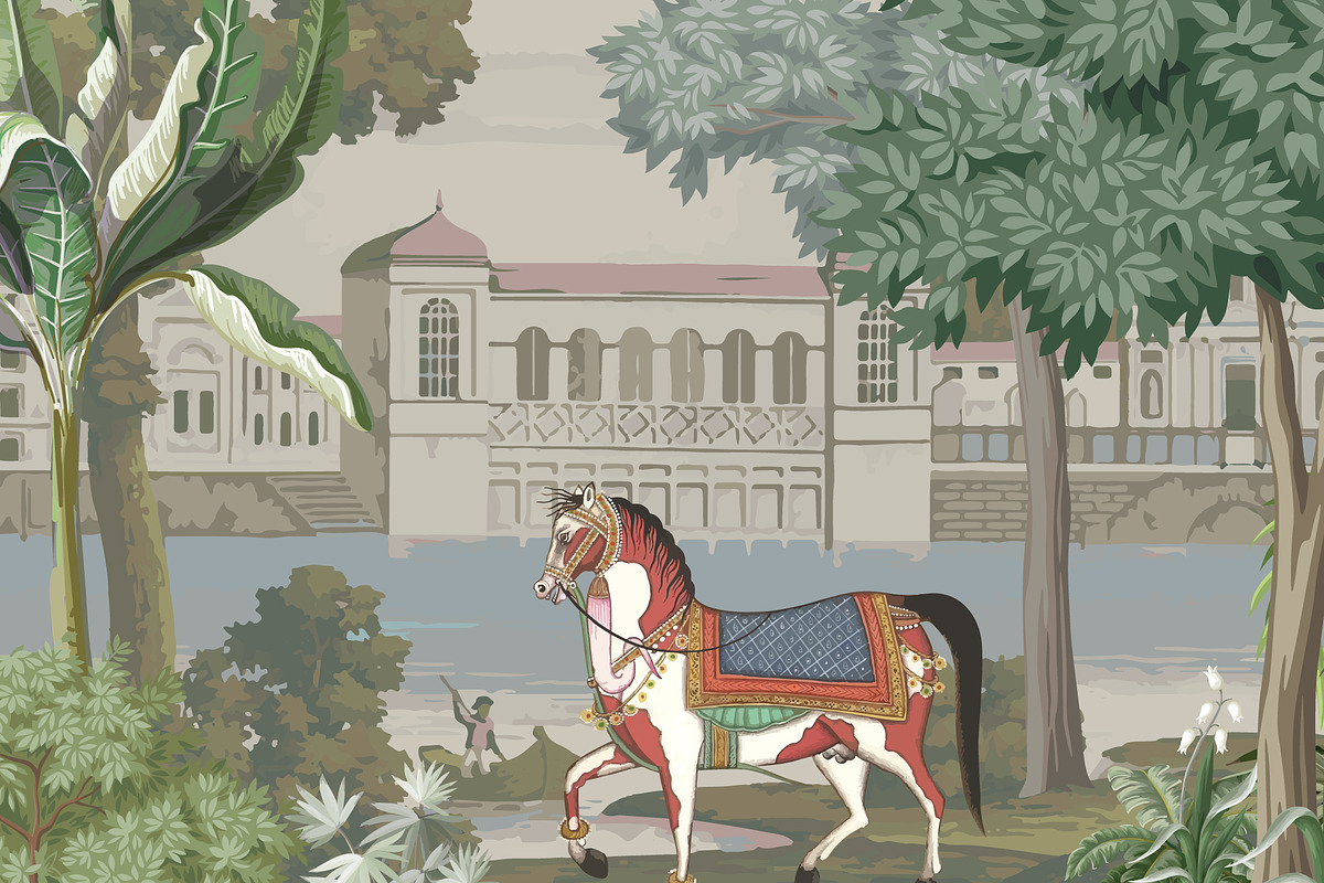 British Colonial Garden Scene, a Decorative Illustration by Mughal Wallpaper (Photo 2 of 4)