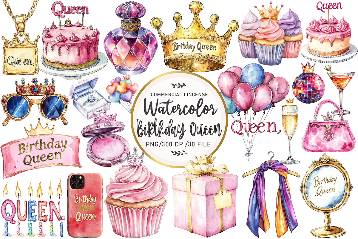 Watercolor Birthday Queen Clipart, an Illustration by OK Design (Photo 1 of 5)