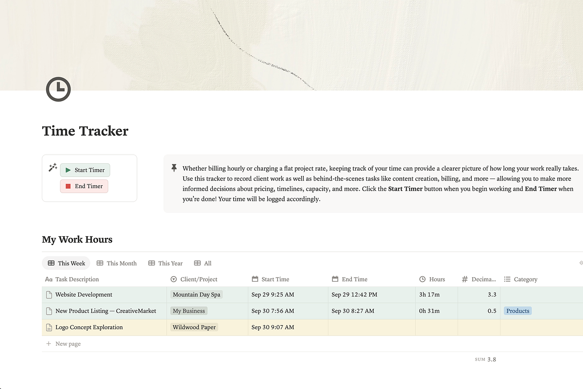 Time Tracker Notion Template, a Marketing Template by MARA Design Co. (Photo 2 of 5)