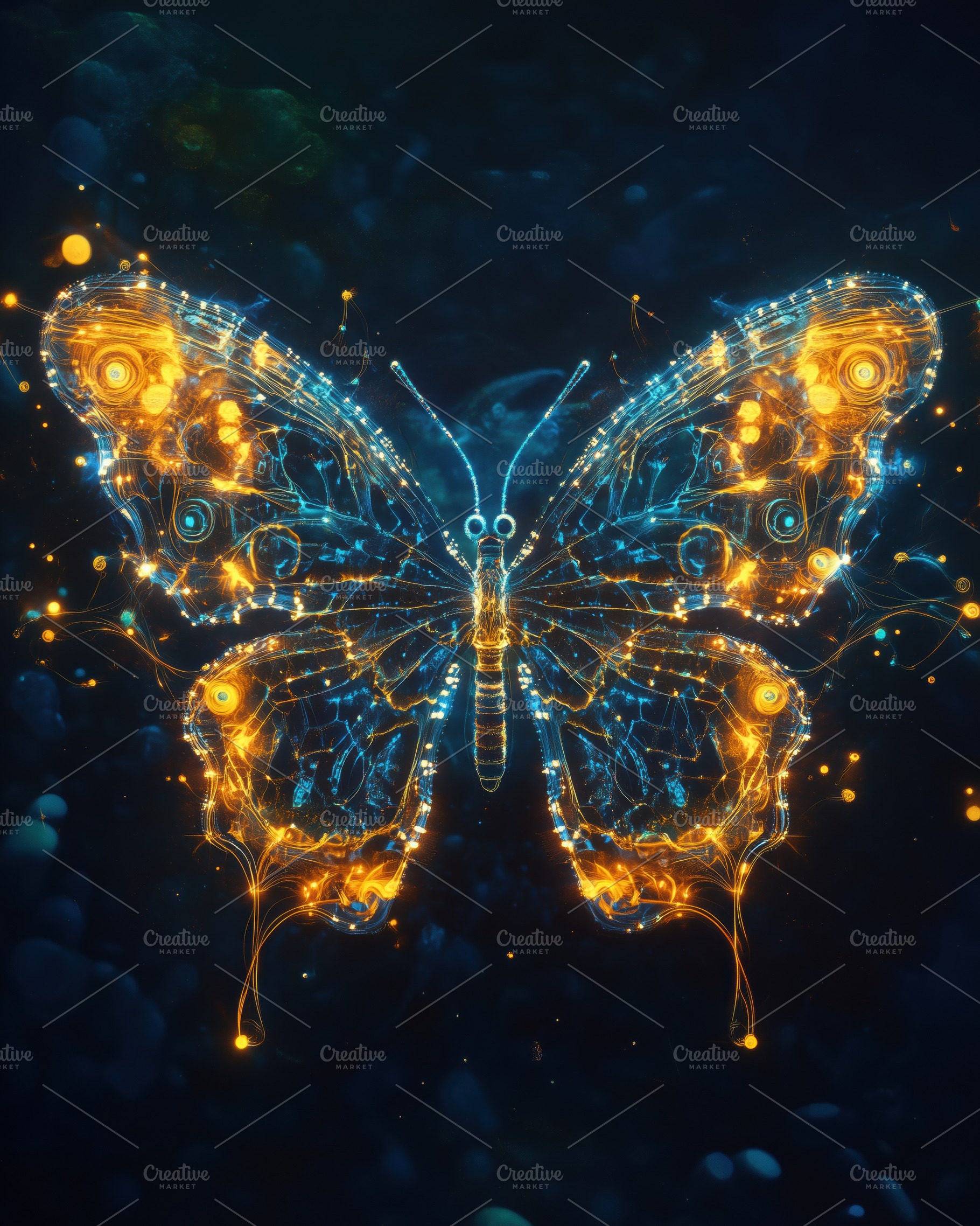 A glowing butterfly with intricate patterns made of light, featuring vibrant bl, an Animal Photo by Textures & Backgrounds