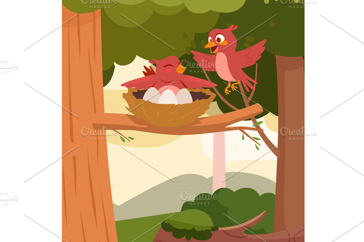 Bird nest. family bird mother and, an Animal Illustration by Onyx