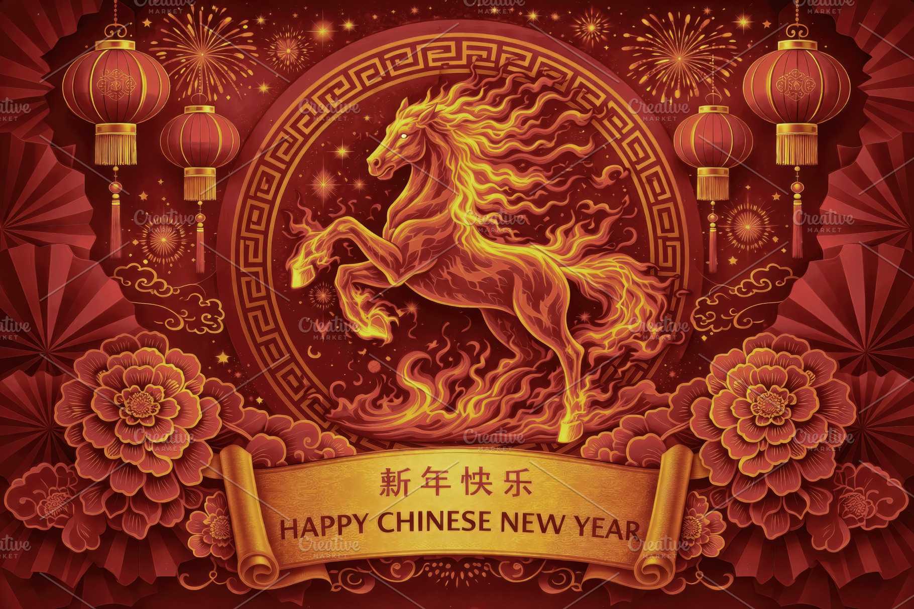 Fire Horse in Festive Red Illustrati, a Background Photo by Perpis