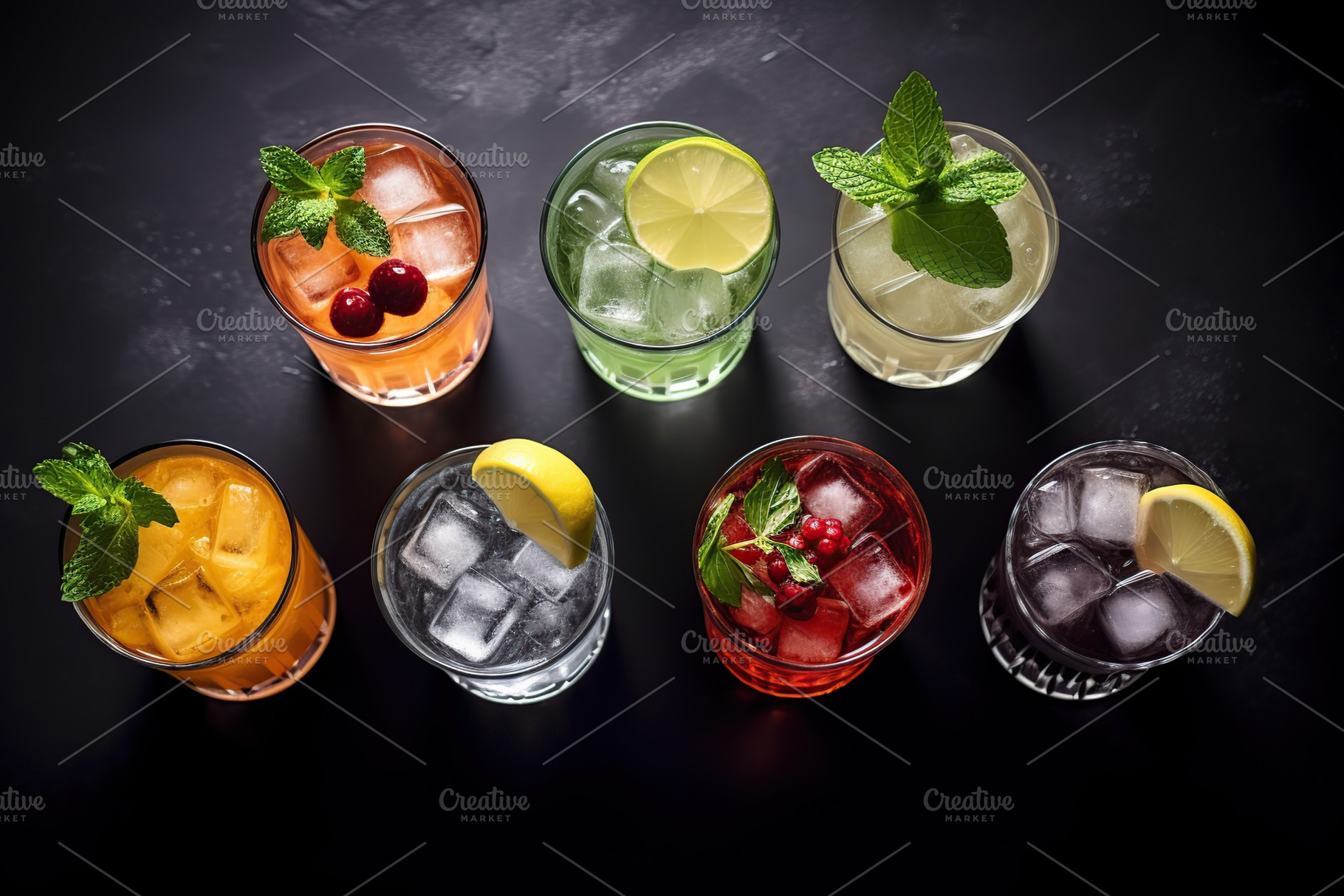 Flat lay of different alcohol cocktails on grey background, a Food & Drink Photo by AlyaAnd