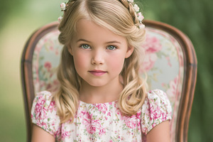Young blonde girl with blue eyes and a flower crown, sitting on, a Person Photo by Studio ANNA
