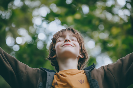 A joyful boy with arms outstretched, enjoying nature. He has a serene expressio, a Person Photo by Textures & Backgrounds