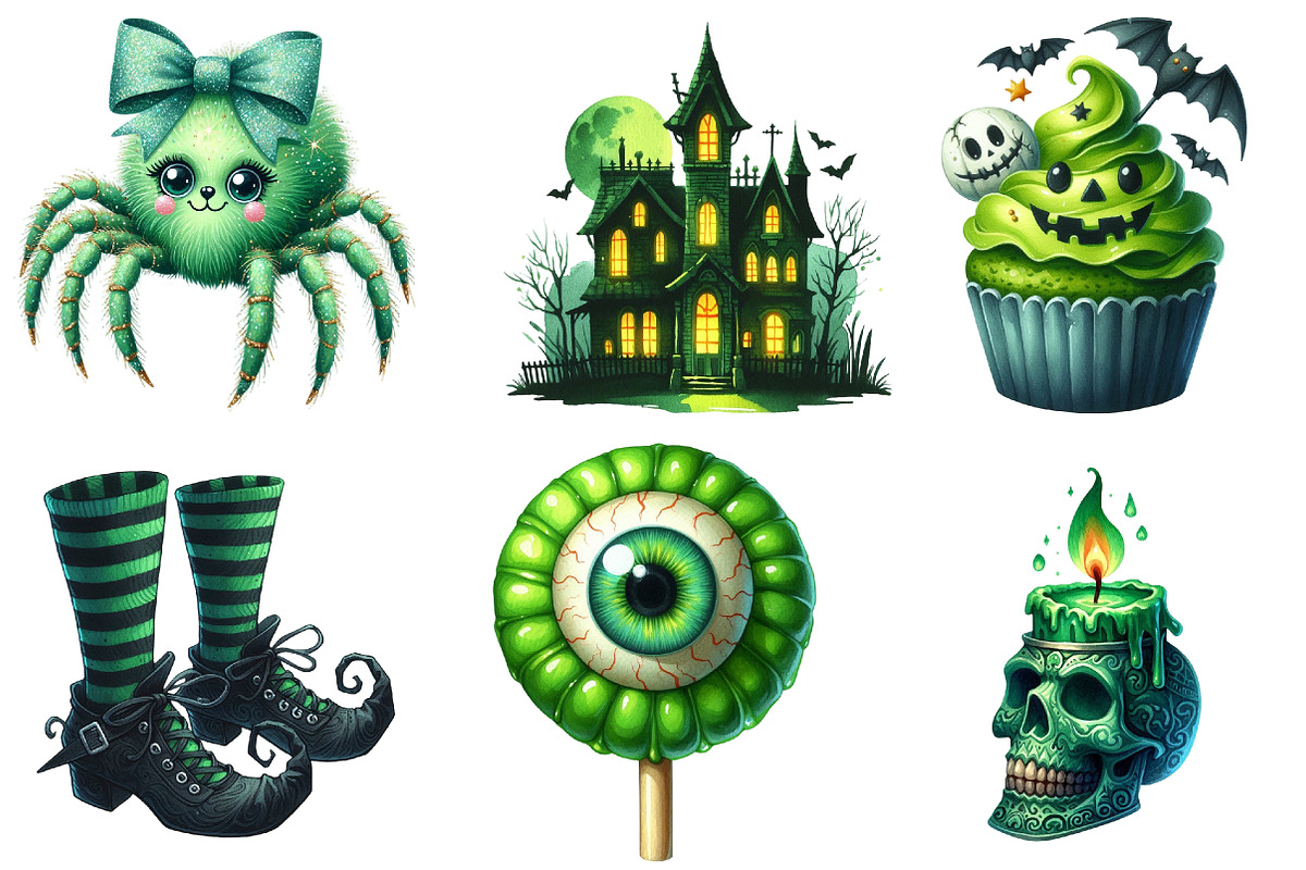 Green Halloween Clipart, an Illustration by Watercolor design (Photo 3 of 4)