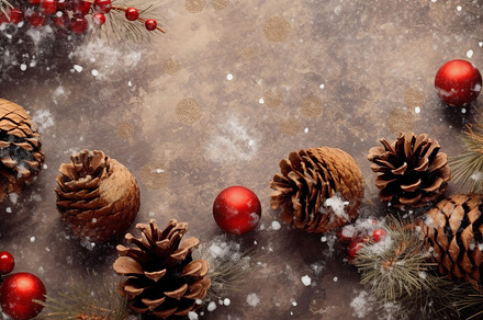 New Year's and Christmas background featuring brown pinecones and red baubles,, a Holiday Photo by ImageMir