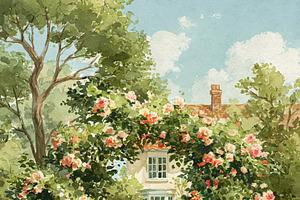 Idyllic cottage garden watercolor painting with a white picket g, a Decorative Illustration by Studio ANNA