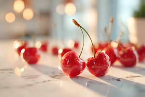 Cherries scattered across a bright kitchen countertop on a sunny day in the aft, a Food & Drink Photo by AlyaAnd