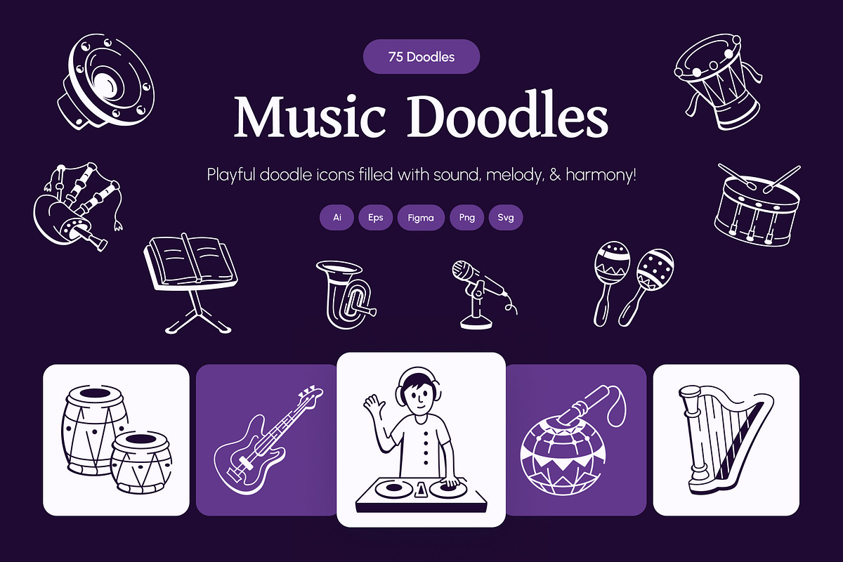 Music Doodle Icon Set, an Outline Icon by Vectors Market (Photo 1 of 8)