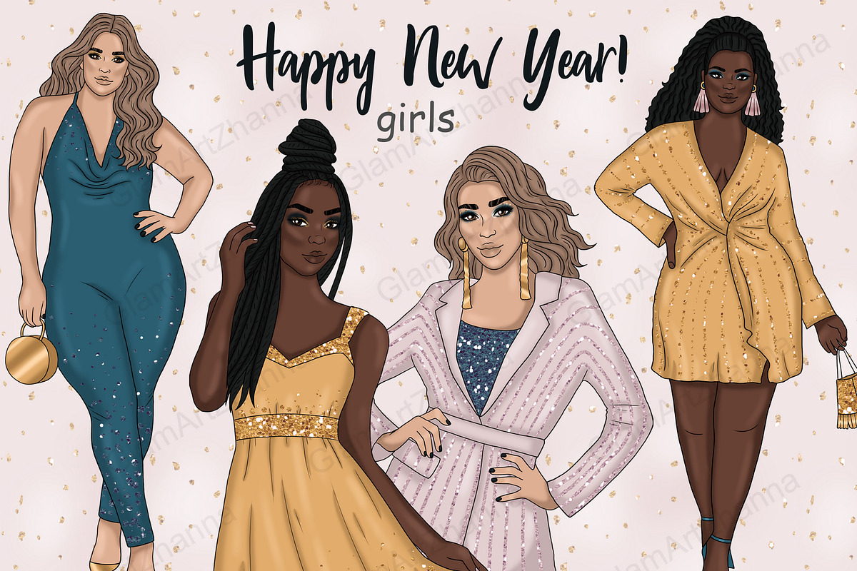 Happy New Year Gold Girls Clipart, a Person Illustration by GlamArtZhanna (Photo 1 of 5)