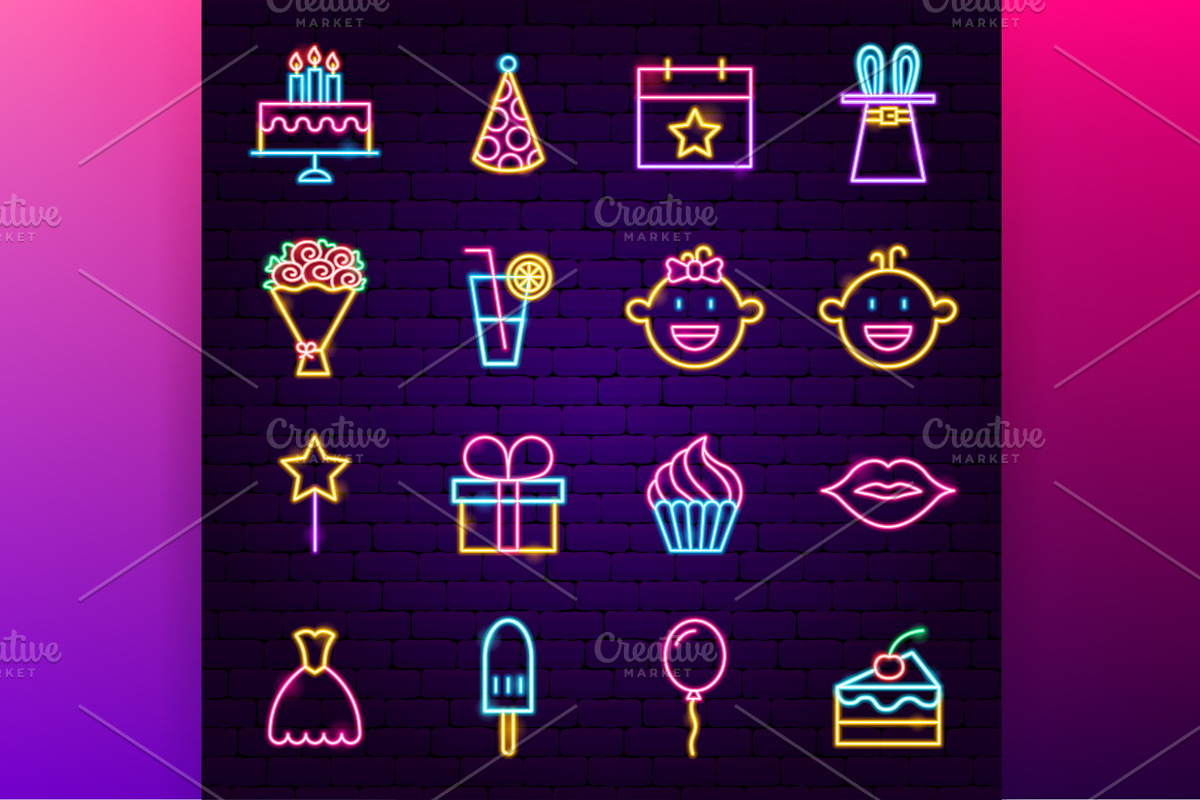 Happy Birthday Vector Neon Icons, an Outline Icon by Anna_leni (Photo 3 of 8)